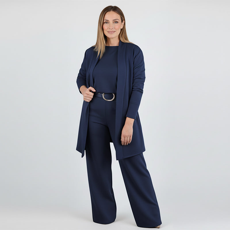 Set elegante da 3 pezzi: cardigan lungo, top e pantaloni