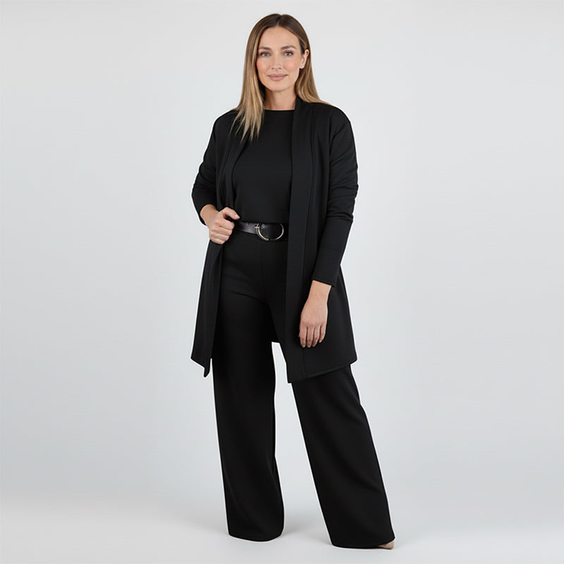 Set elegante da 3 pezzi: cardigan lungo, top e pantaloni