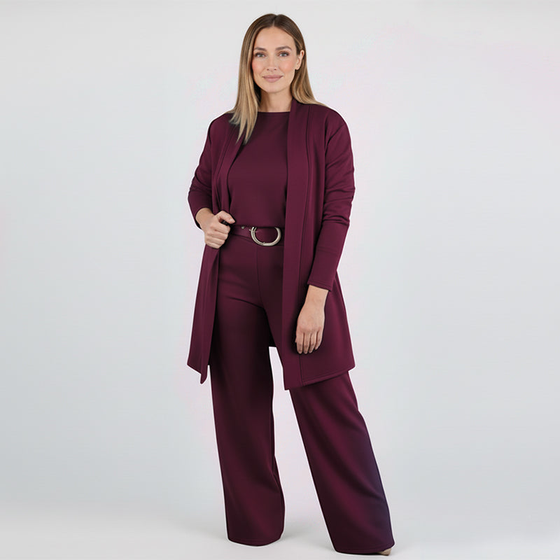 Set elegante da 3 pezzi: cardigan lungo, top e pantaloni