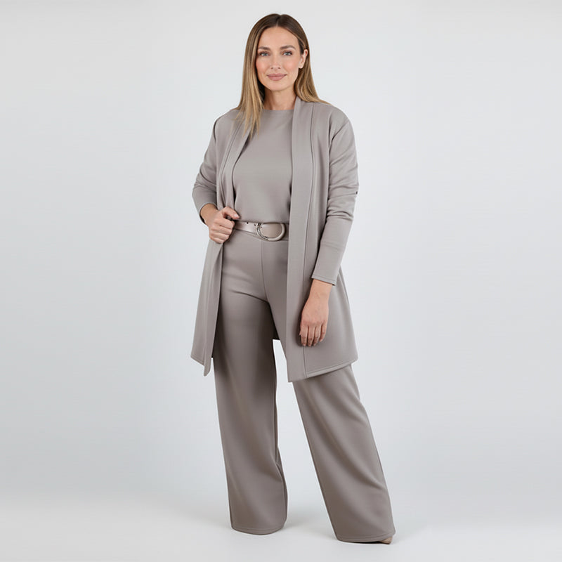 Set elegante da 3 pezzi: cardigan lungo, top e pantaloni